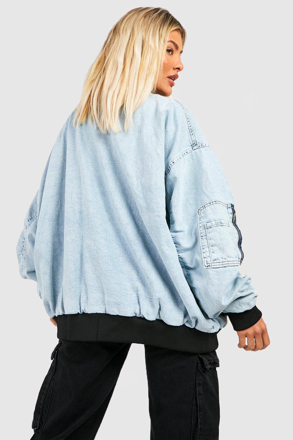 Oversized Ruched Sleeve Ma1 Denim Bomber Jacket